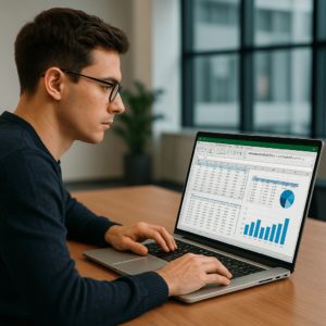 Homme concentré travaillant sur des tableaux croisés dynamiques et graphiques dans Excel, formation avancée en environnement de bureau moderne