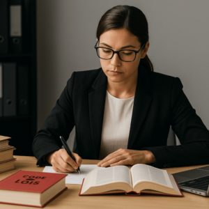 Assistante juridique travaillant sur des documents de droit des sociétés dans un bureau professionnel.