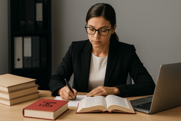 Assistante juridique travaillant sur des documents de droit des sociétés dans un bureau professionnel.